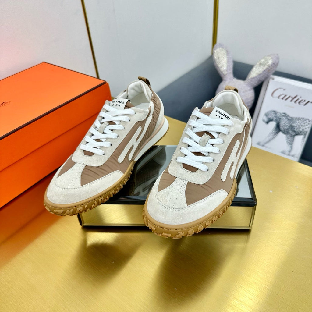 HERMES JET SNEAKER IN KHAKI MIX MEDIUM BROWN SUEDE