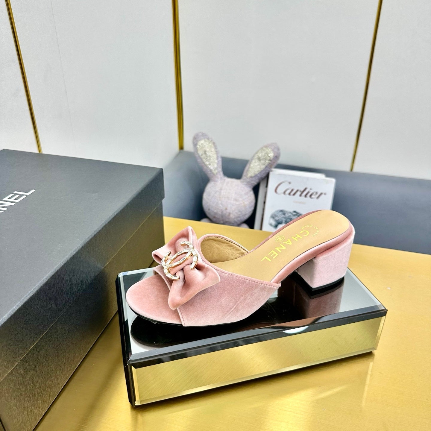 CHANEL BOWKNOT RHINESTONES MID HEEL MULE IN LIGHT PINK VELVET
