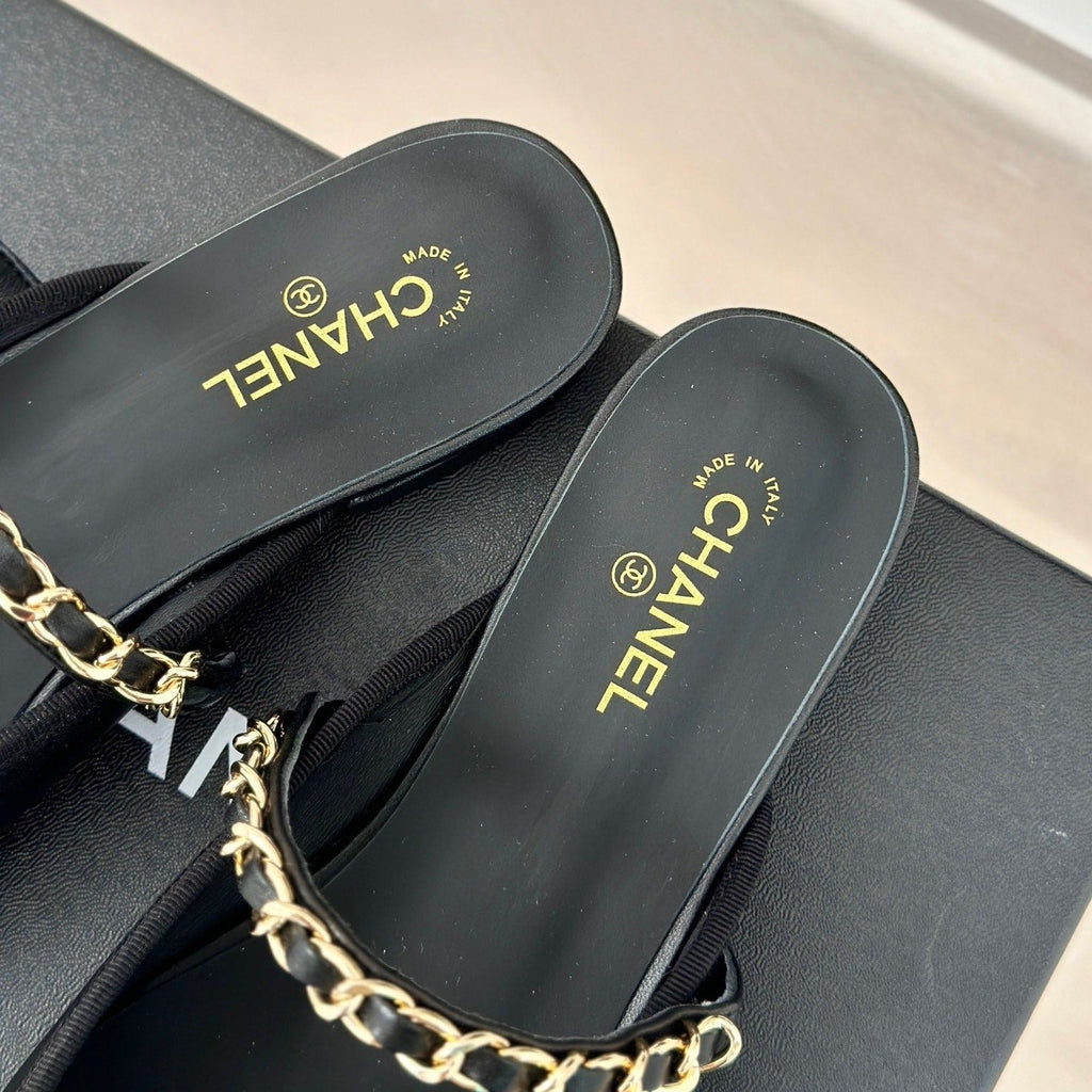 CHANEL Double C Two-Tone Chain Mules Black Lambskin
