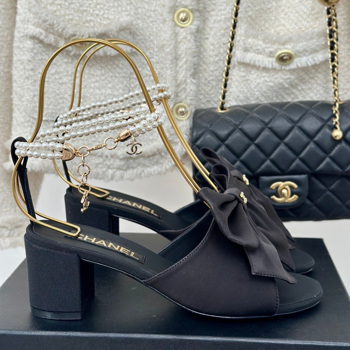 CHANEL Double C Big Bow Pearl Chain High Sandals Black Lambskin