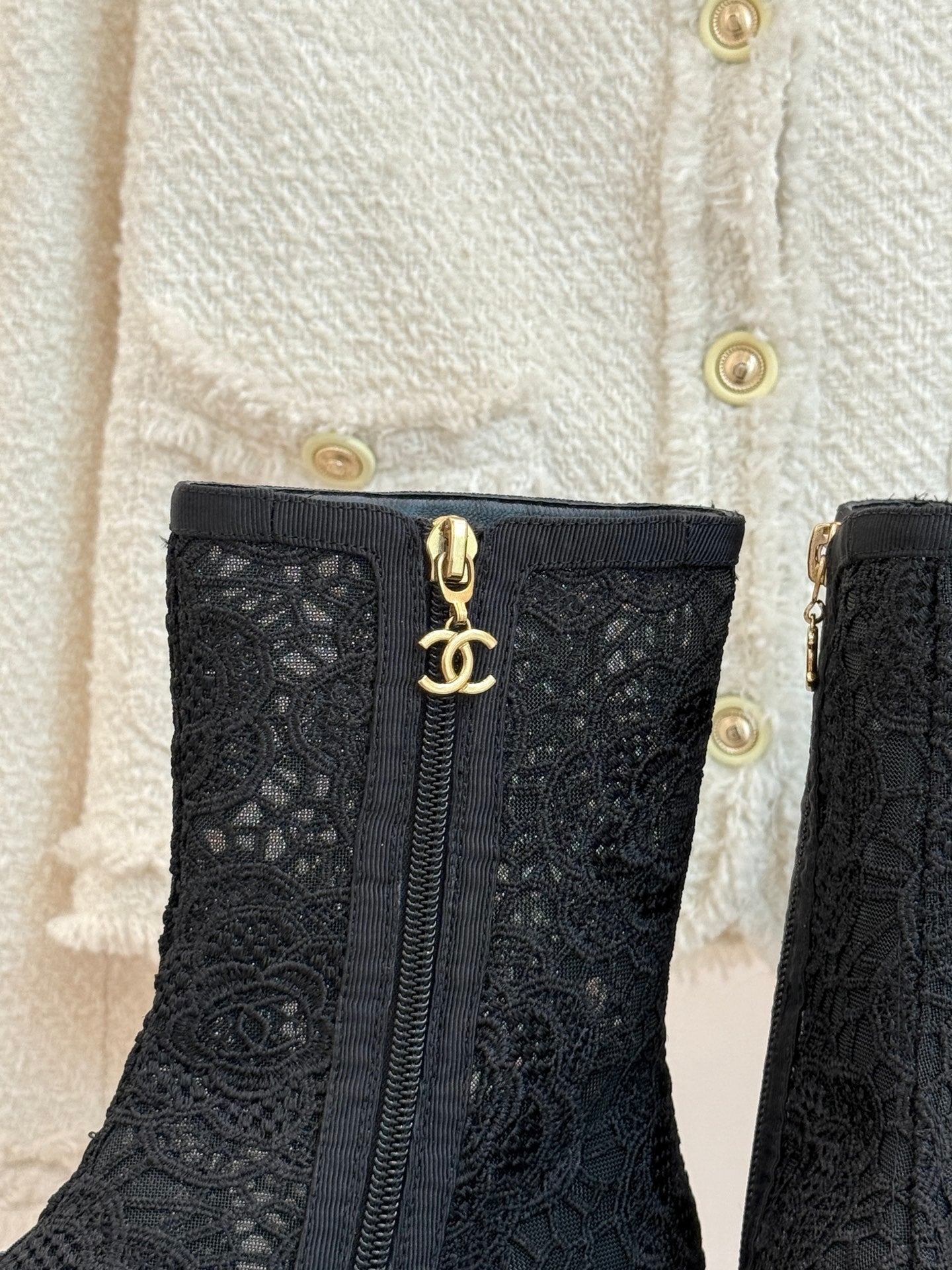 CHANEL PEEP-TOE BOOTS 25SS IN BLACK EMBOSSED LACE FABRIC