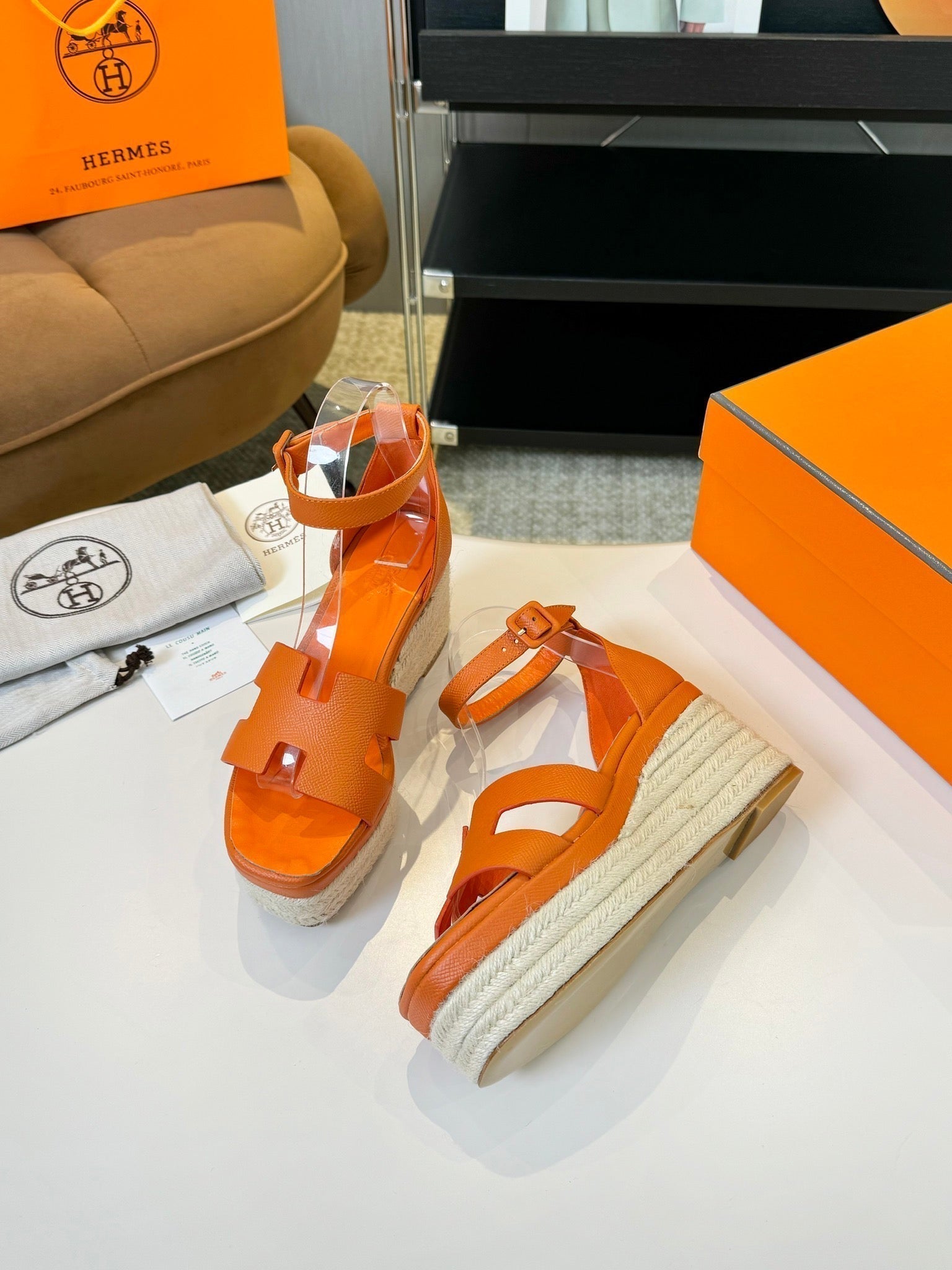 HERMES Elda espadrille 80 Orange Epsom Calfskin