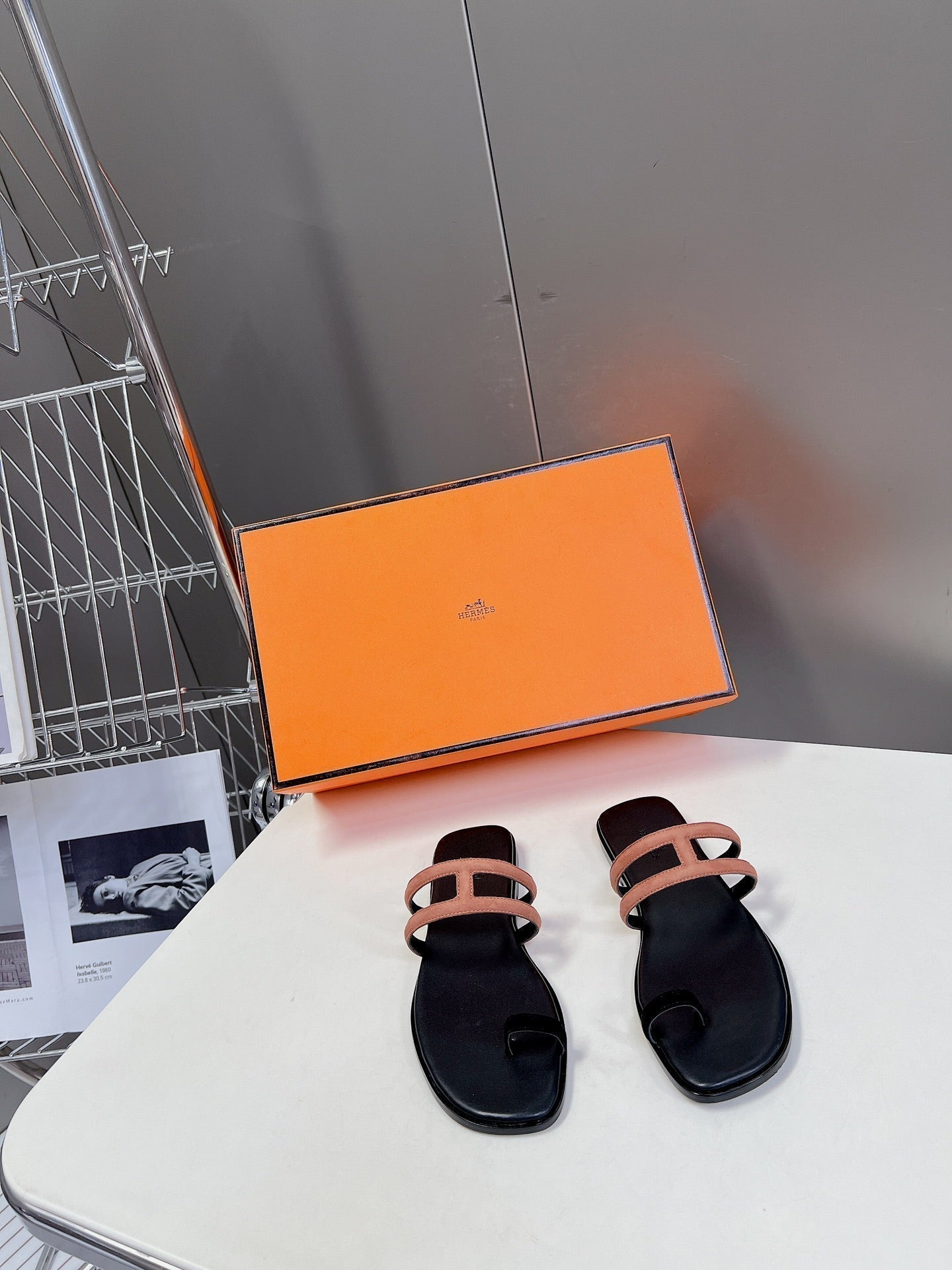 HERMES Georgia Sandals Peach Suede Black Calfskin