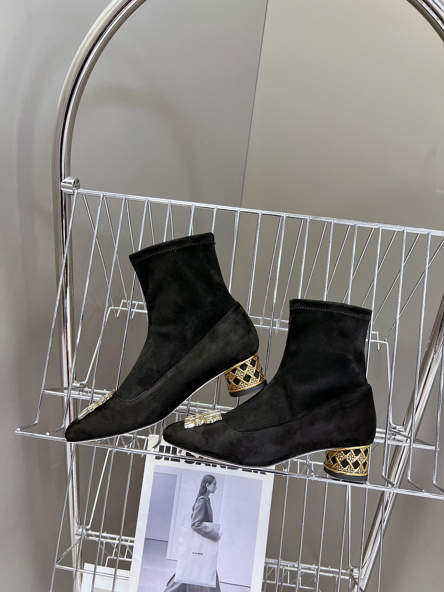 DIOR ICON HEELED ANKLE BOOT BLACK SUEDE 4 CM WITH GOLD LOGO