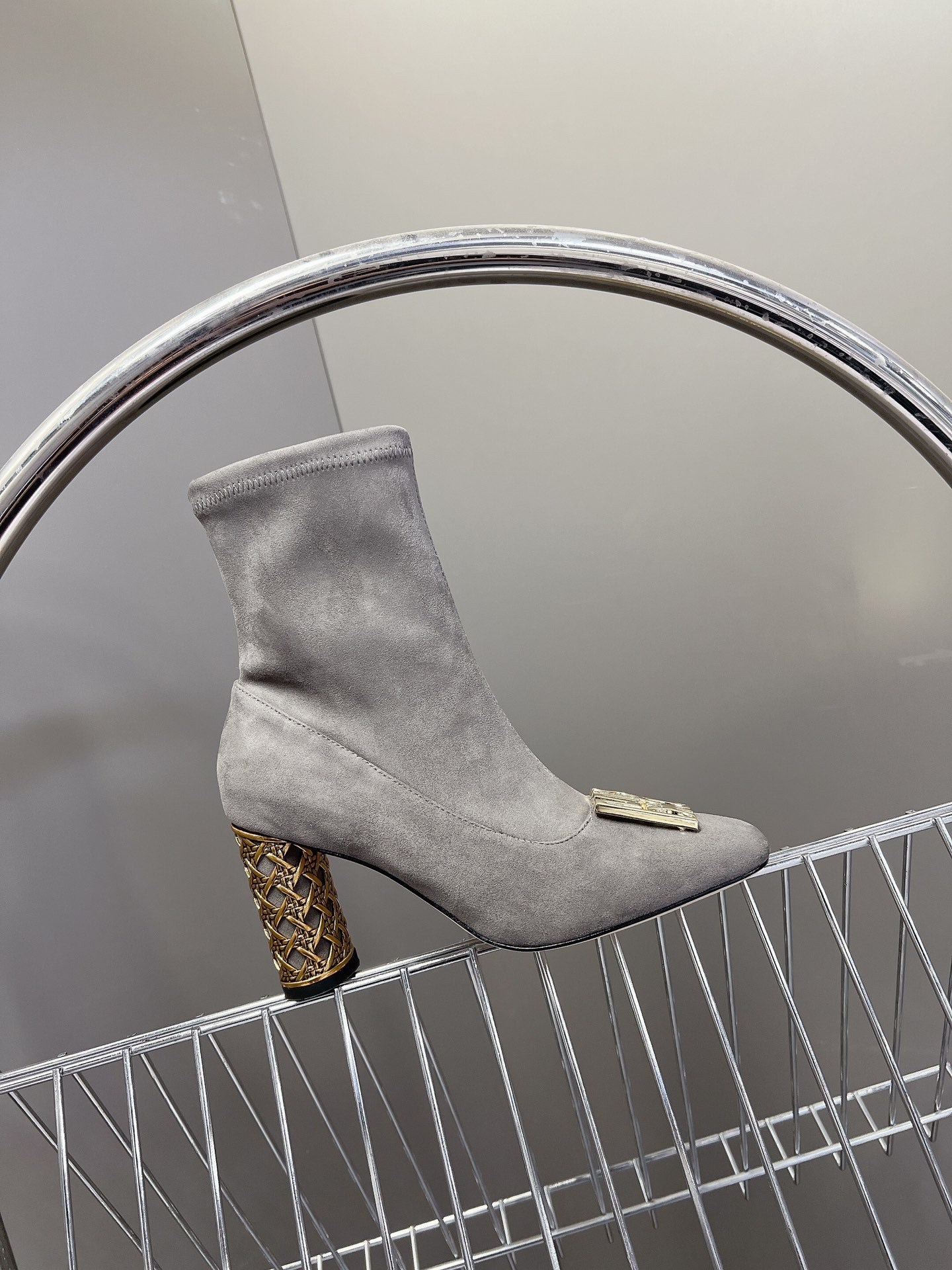 DIOR ICON HEELED ANKLE BOOT DOVE GRAY SUEDE 8 CM WITH GOLD LOGO