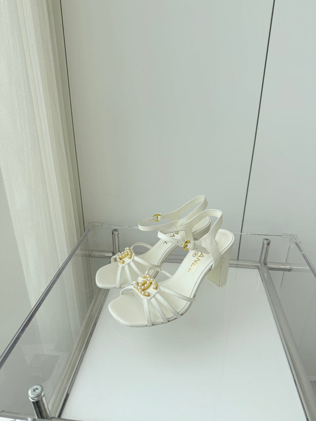CHANEL HIGH HEEL SANDALS 85 MM IN WHITE LAMBSKIN