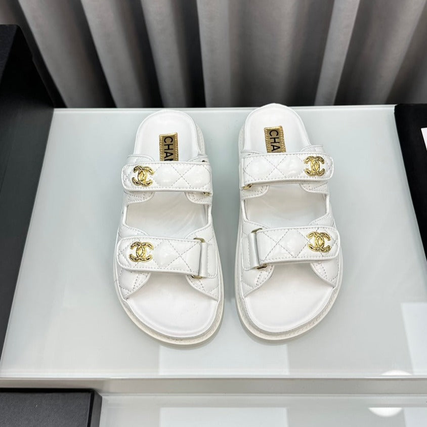 CHANEL dad sandals white patent lambskin mules