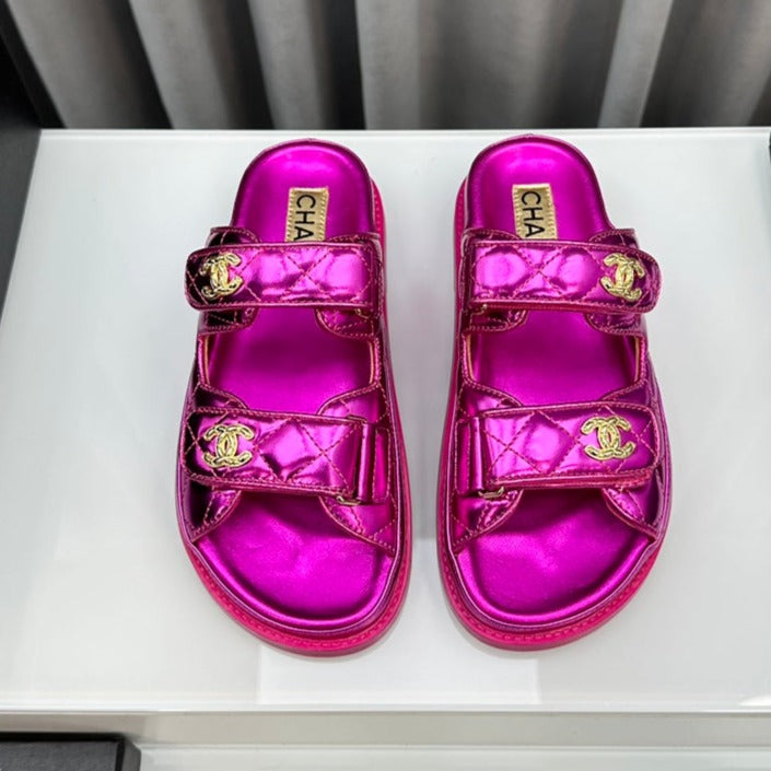 CHANEL dad sandals dark pink metalic lambskin mules