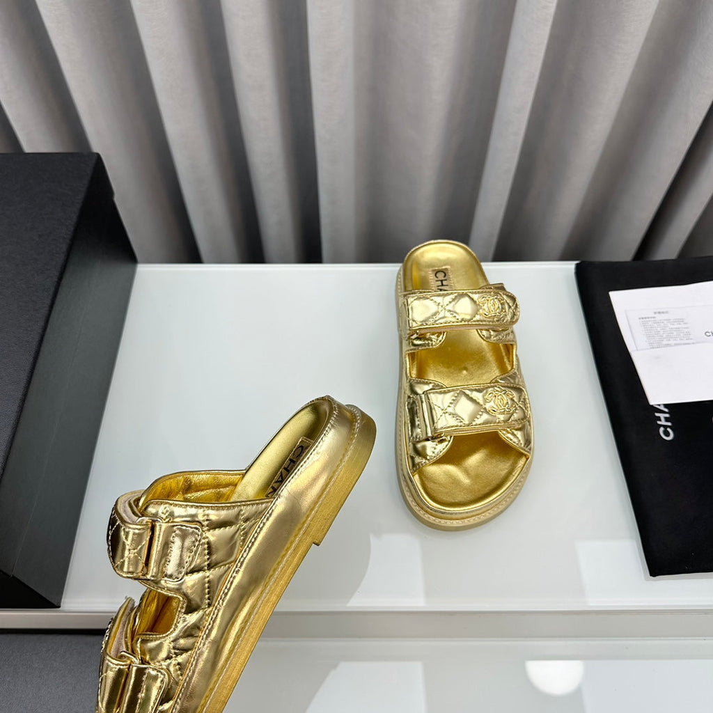 CHANEL dad sandals gold metalic lambskin mules