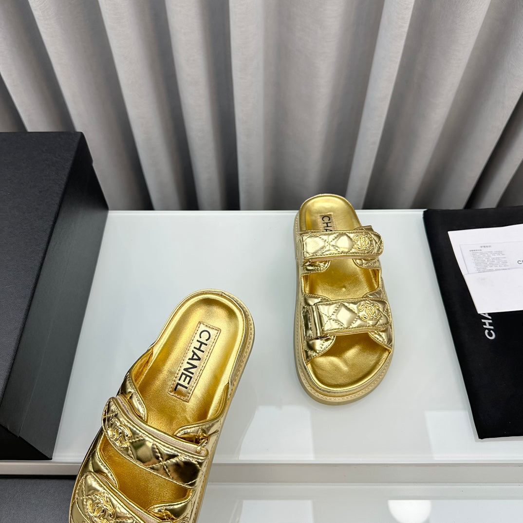 CHANEL dad sandals gold metalic lambskin mules