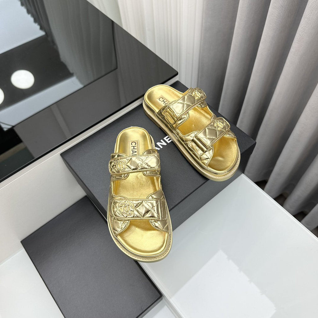 CHANEL dad sandals gold metalic lambskin mules