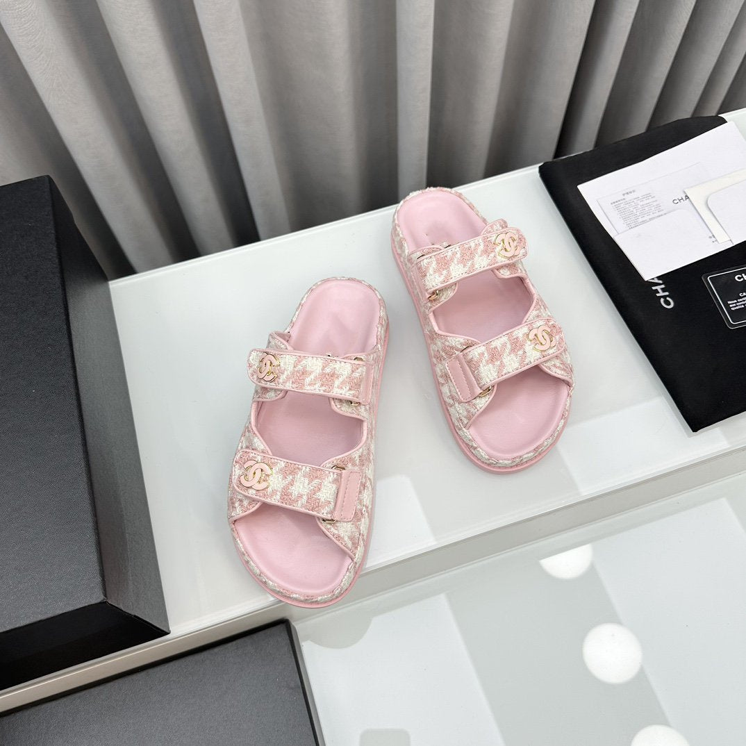 CHANEL dad sandals pink white mules