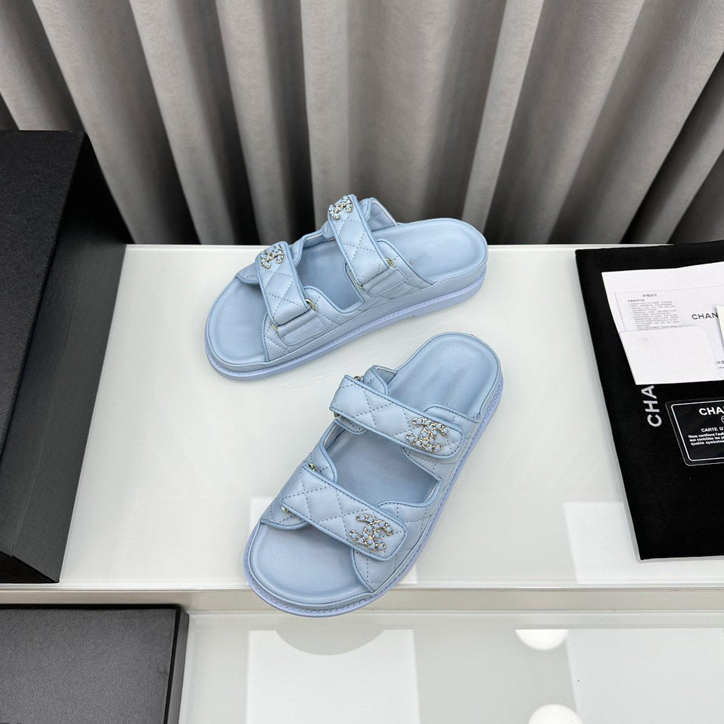 CHANEL dad sandals cloud blue lambskin mules