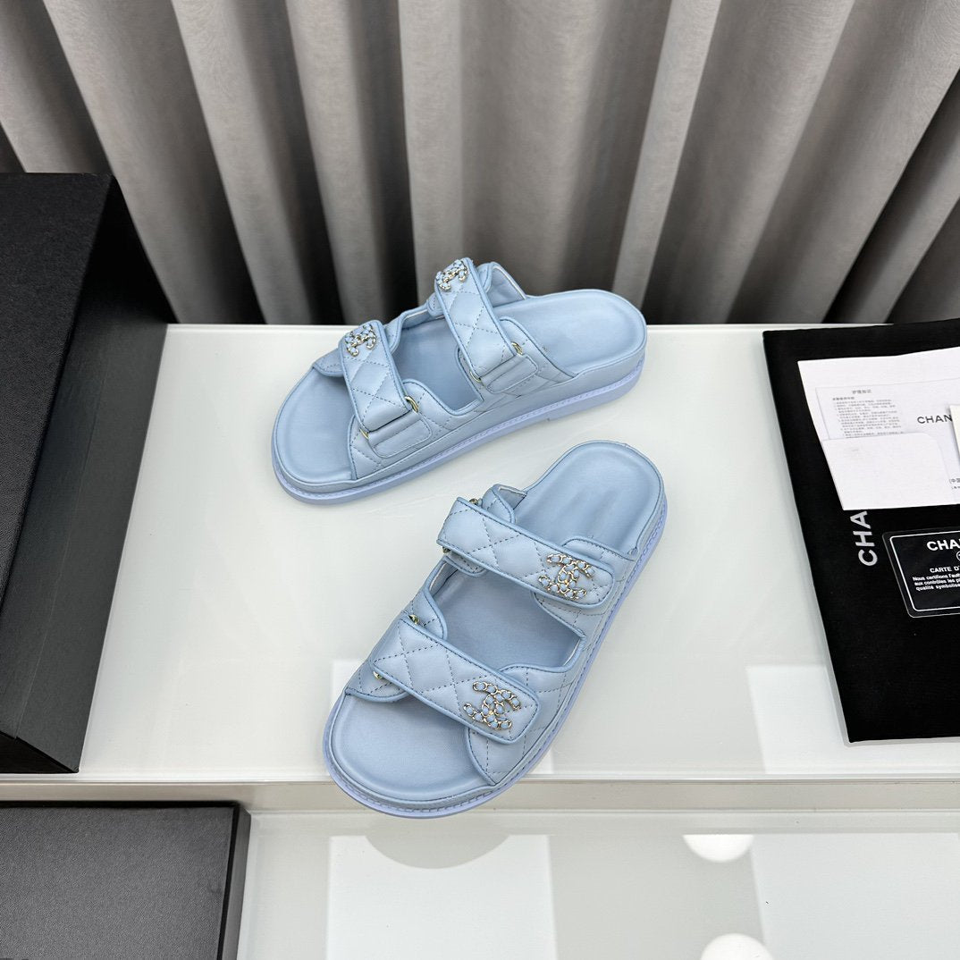 CHANEL dad sandals cloud blue lambskin mules