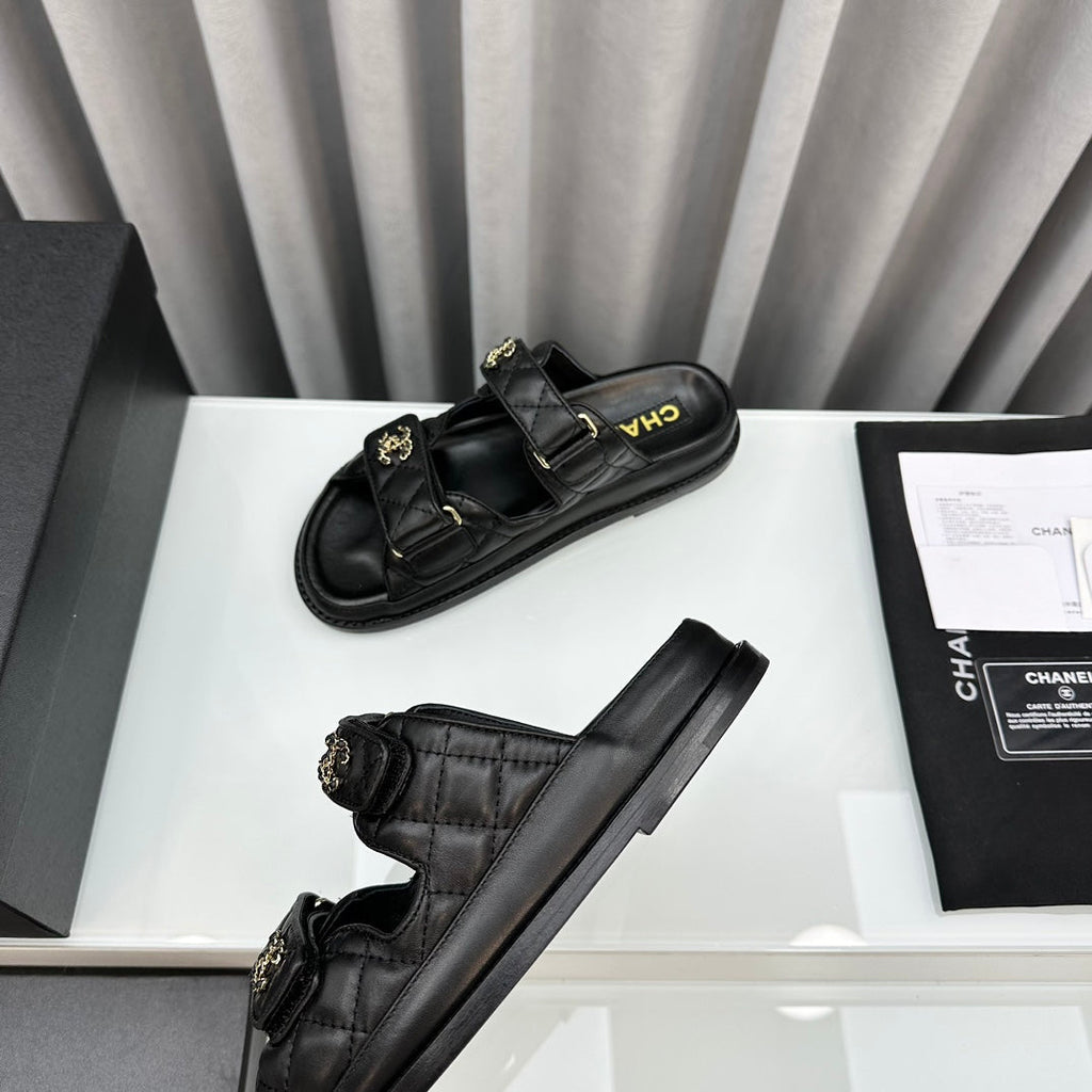 CHANEL dad sandals black patent interwoven leather