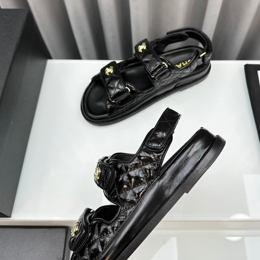 CHANEL dad sandals black patent lambskin