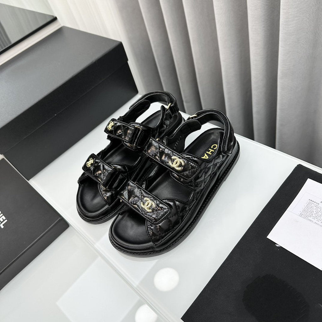 CHANEL dad sandals black patent lambskin