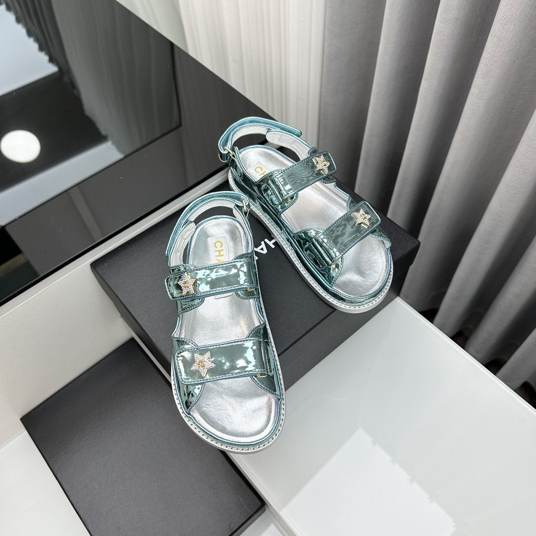 CHANEL dad sandals cloud blue metalic lambskin