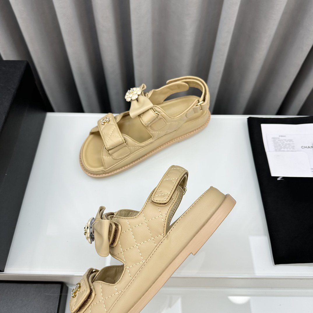 CHANEL dad sandals beige bow tie lambskin