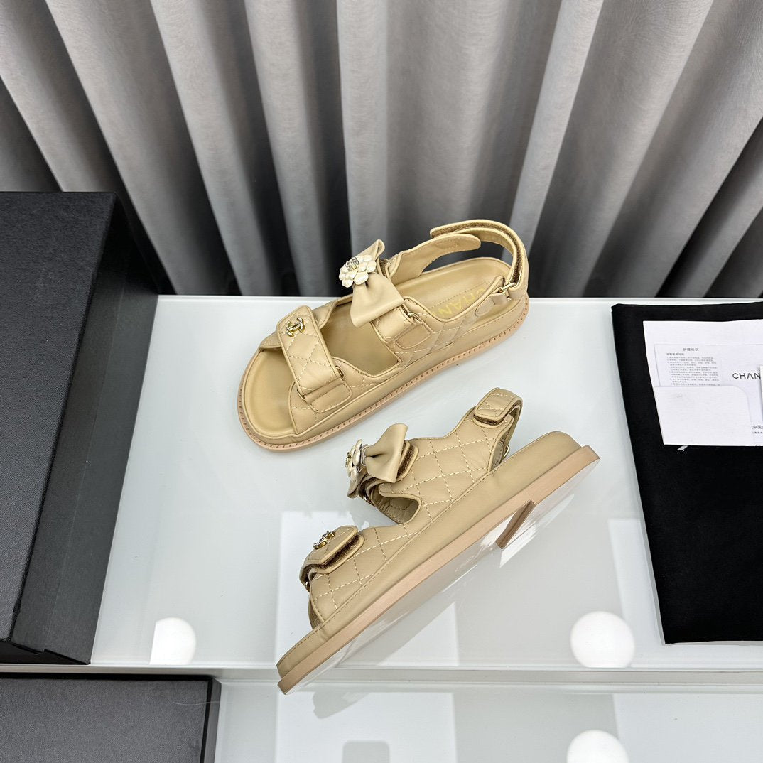 CHANEL dad sandals beige bow tie lambskin