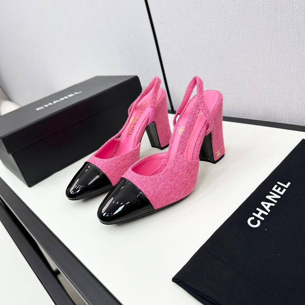 CHANEL HIGH SLINGBACK BRIGHT PINK TWEED AND BLACK CALFSKIN