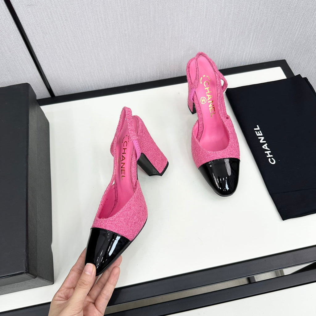 CHANEL HIGH SLINGBACK BRIGHT PINK TWEED AND BLACK CALFSKIN
