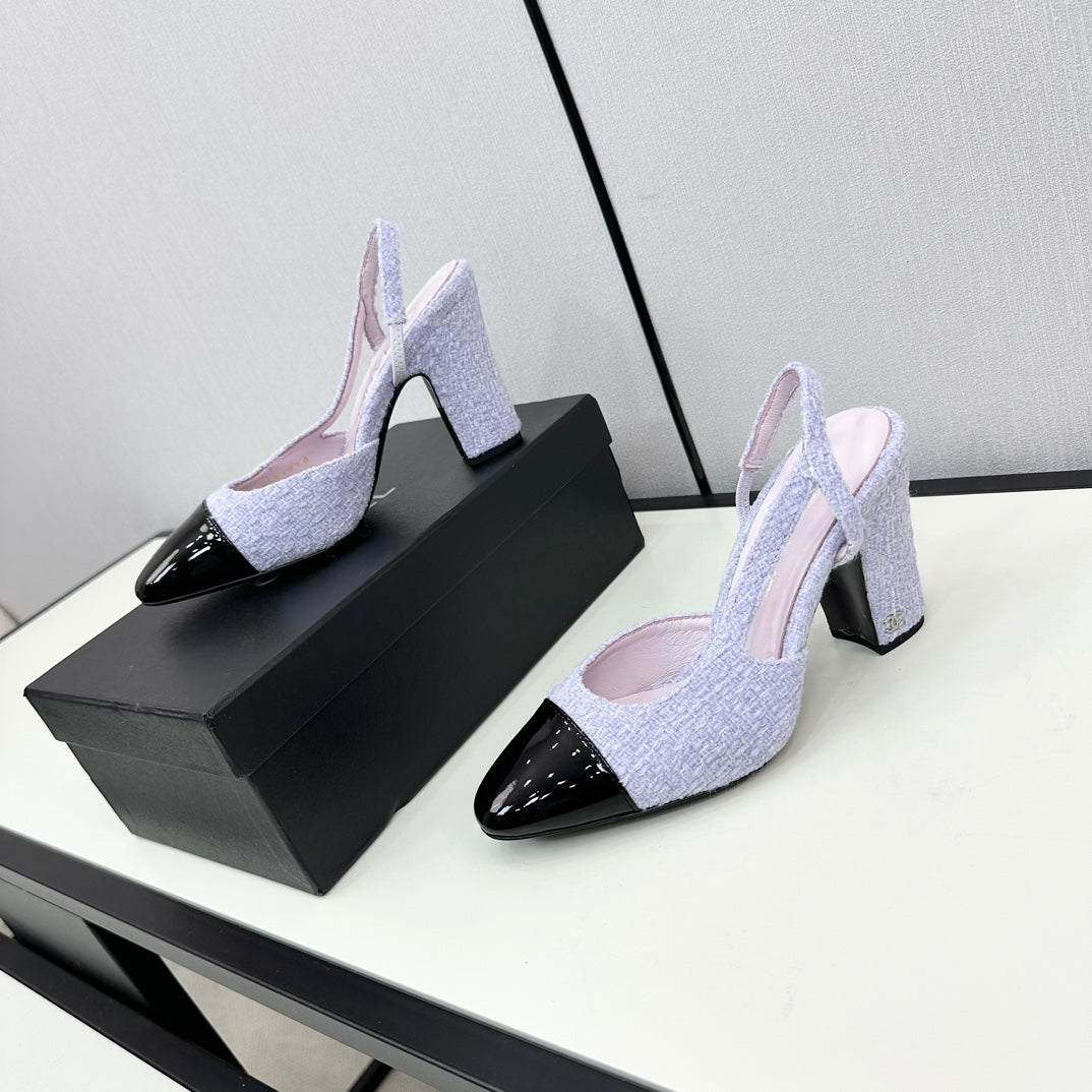 CHANEL HIGH SLINGBACK LIGHT BLUE TWEED AND BLACK CALFSKIN