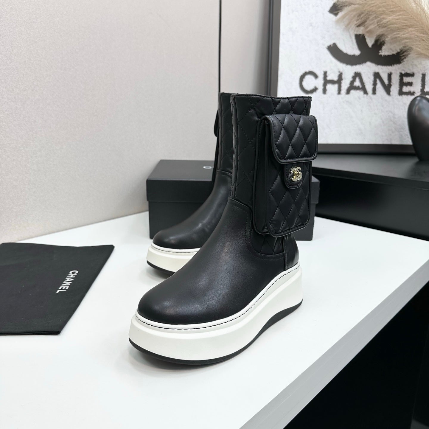 CHANEL 25S WEDGE ANKLE BOOTS IN BLACK CALFSKIN SILVER HARDWARE