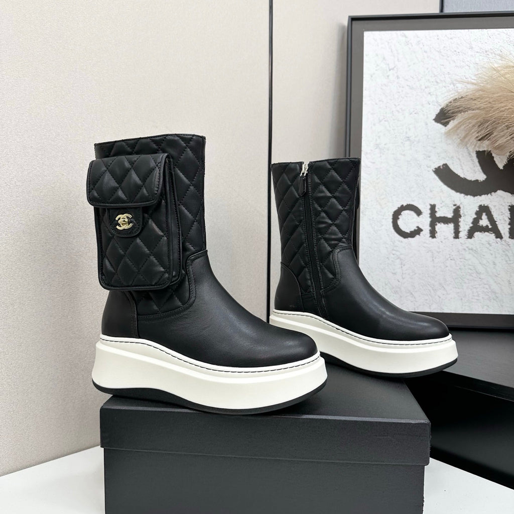 CHANEL 25S WEDGE ANKLE BOOTS IN BLACK CALFSKIN SILVER HARDWARE
