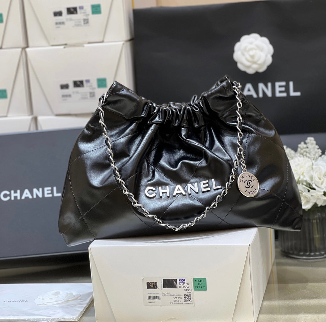 CHANEL 19 HOBO BAG 43CM BLACK GOATSKIN SILVER HARDWARE