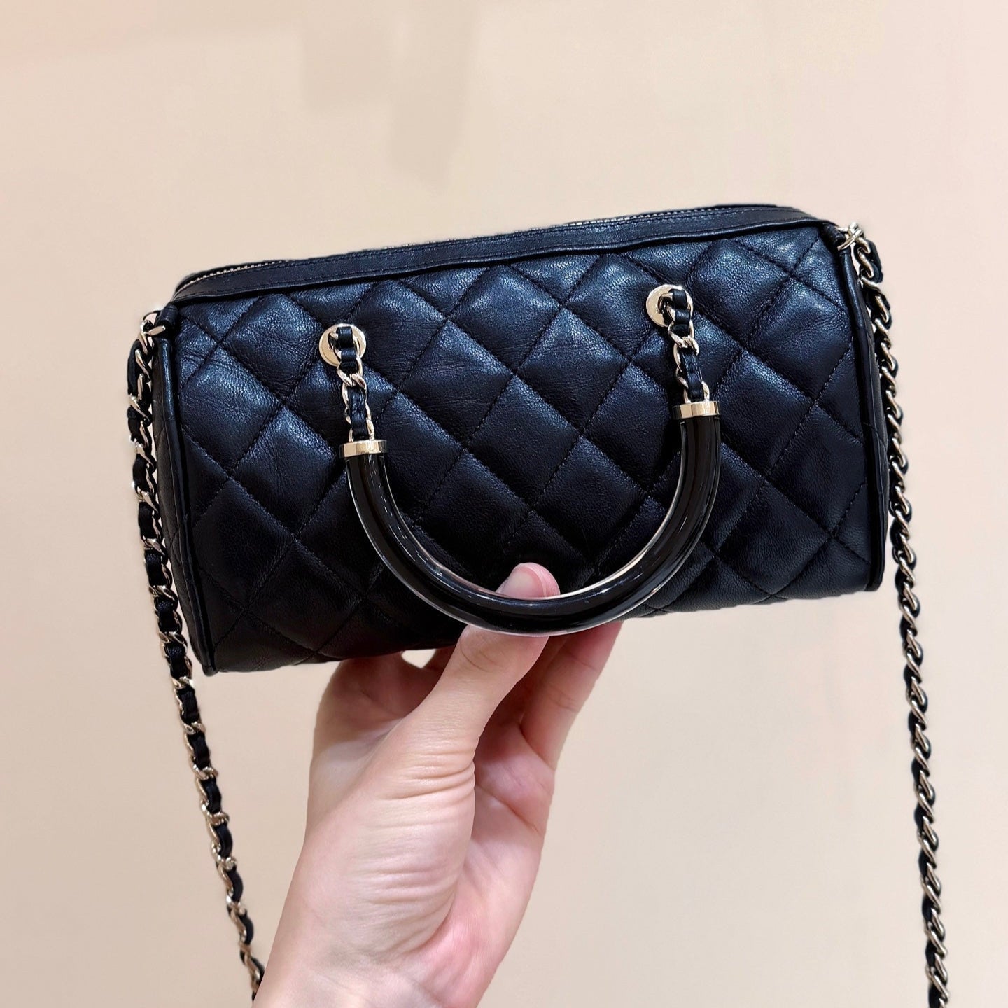 CHANEL BOSTON MATELASSE CAVIAR SHOULDER HANDBAG 18 IN BLACK LAMBSKIN
