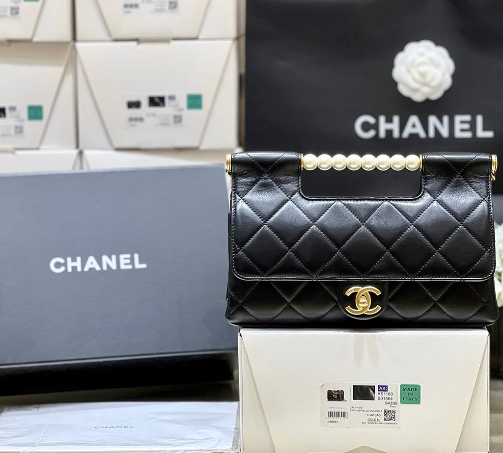 CHANEL PEARL TOP HANDLE BAG 25 IN BLACK LAMBSKIN GOLD HARDWARE