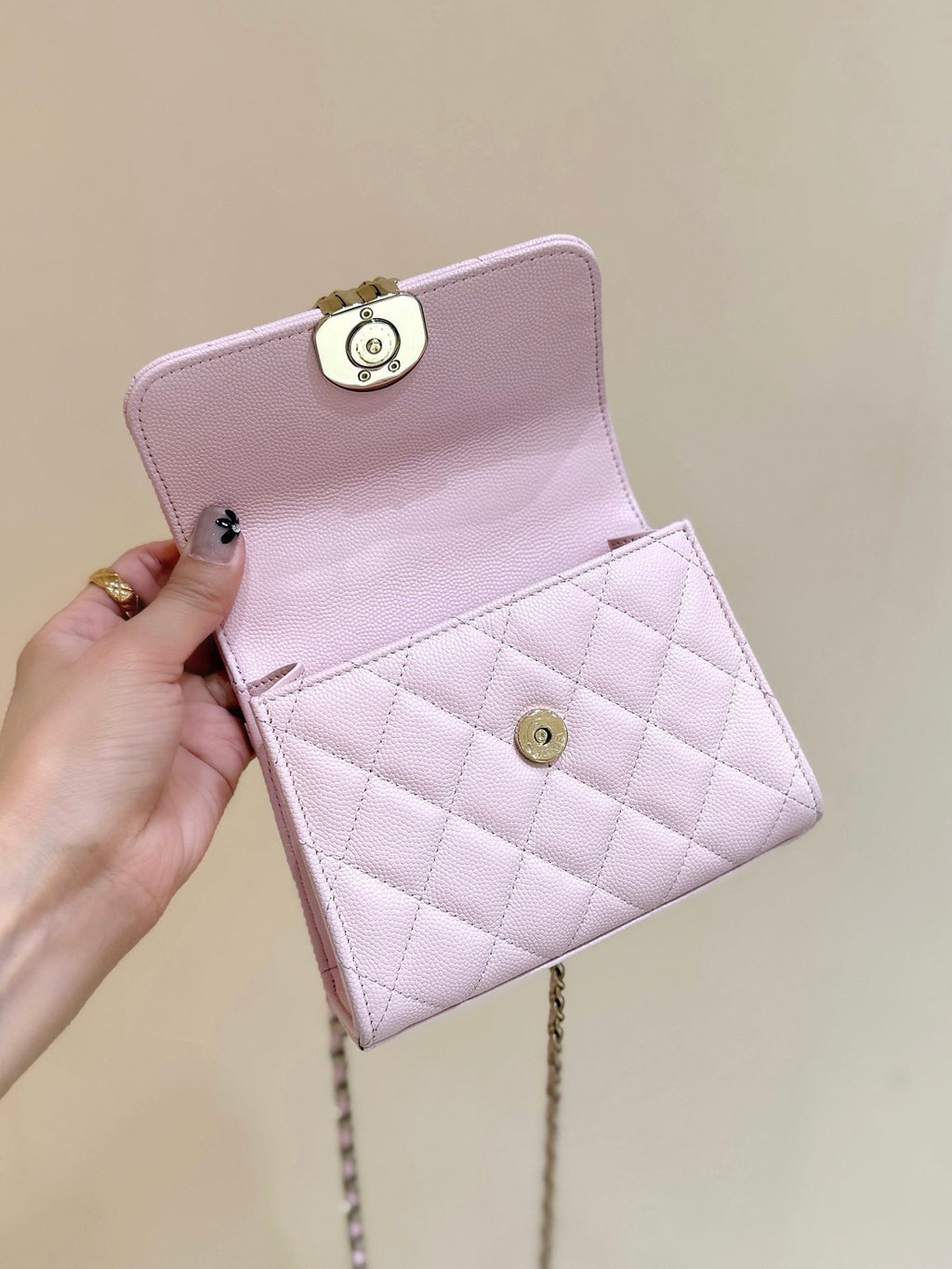 CHANEL QUILTED MINI FLAP BAG WITH HANDLE 14 IN BABY PINK LAMBSKIN GOLD PLATED METAL