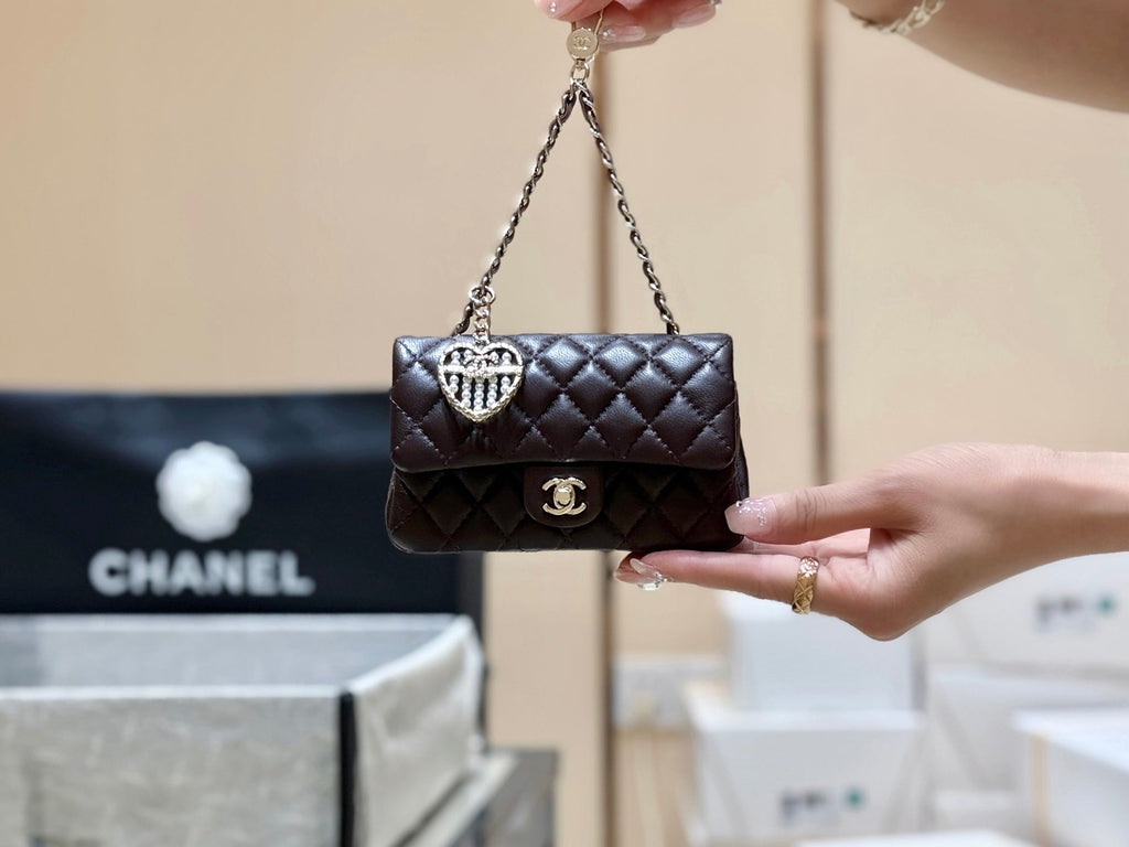 CHANEL 25S  MINI CF BAG 12 IN DARK BROWN LAMBSKIN HEART MODEL
