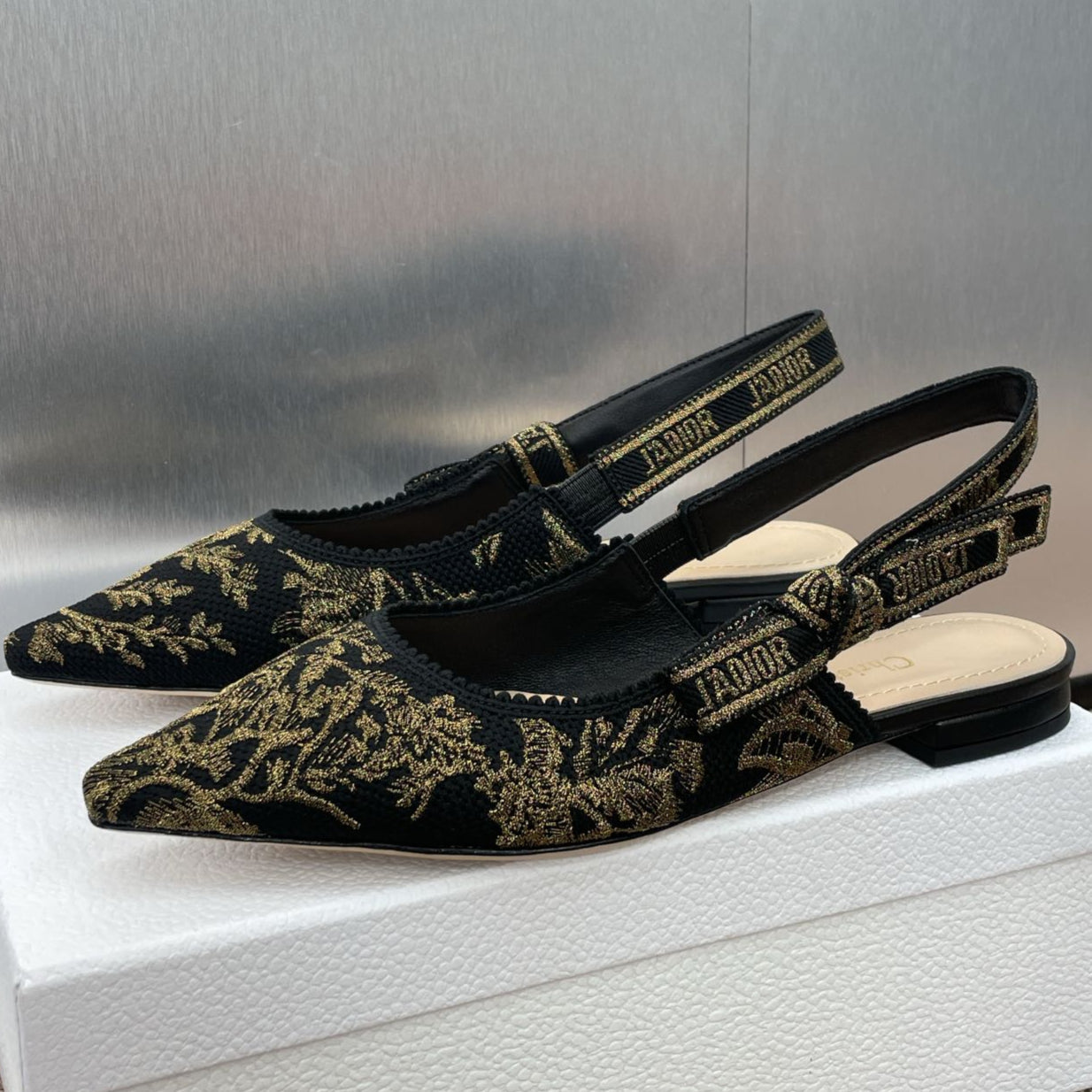 DIOR J'A SLINGBACK PUMP BLACK AND GOLD-TONE MILLEFIORI JACQUARD