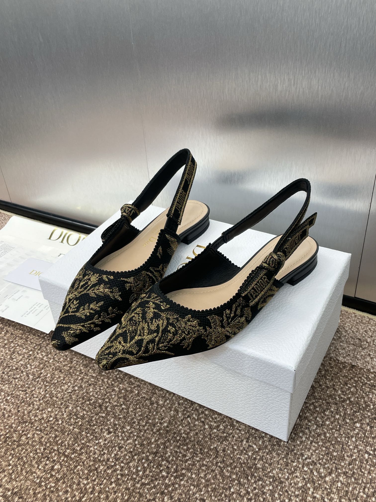 DIOR J'A SLINGBACK PUMP BLACK AND GOLD-TONE MILLEFIORI JACQUARD