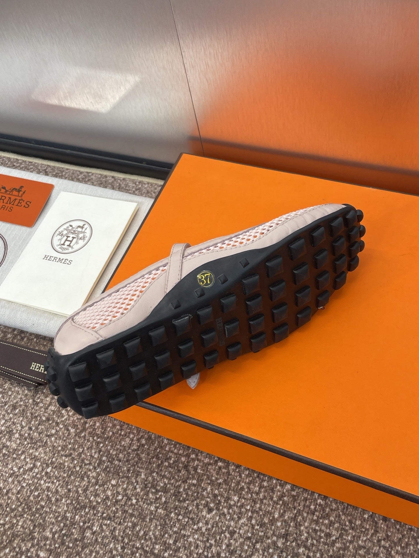HERMES KICHU BALLET FLAT IN LIGHT PINK CROCHET KNIT AND CALFSKIN
