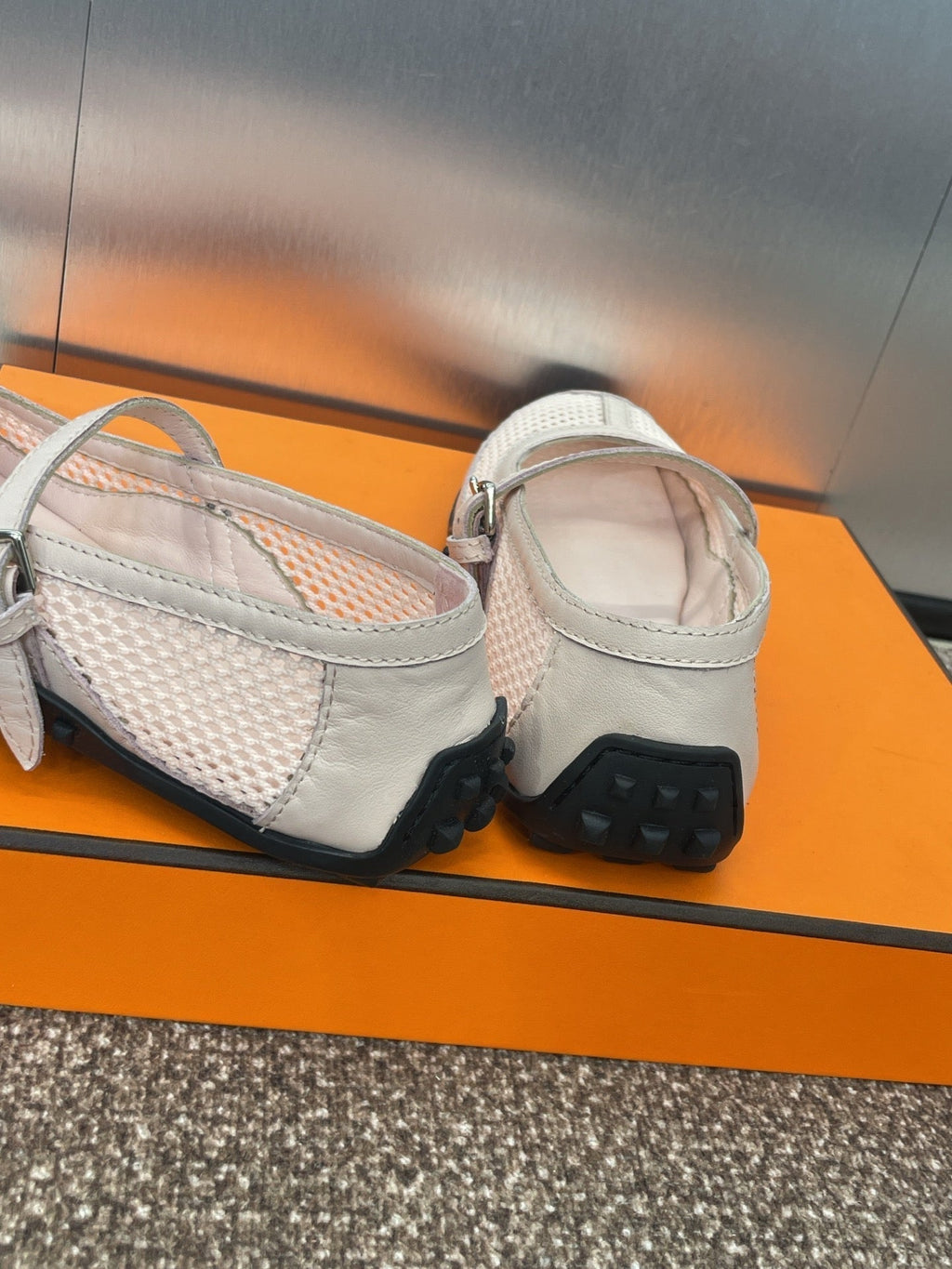 HERMES KICHU BALLET FLAT IN LIGHT PINK CROCHET KNIT AND CALFSKIN