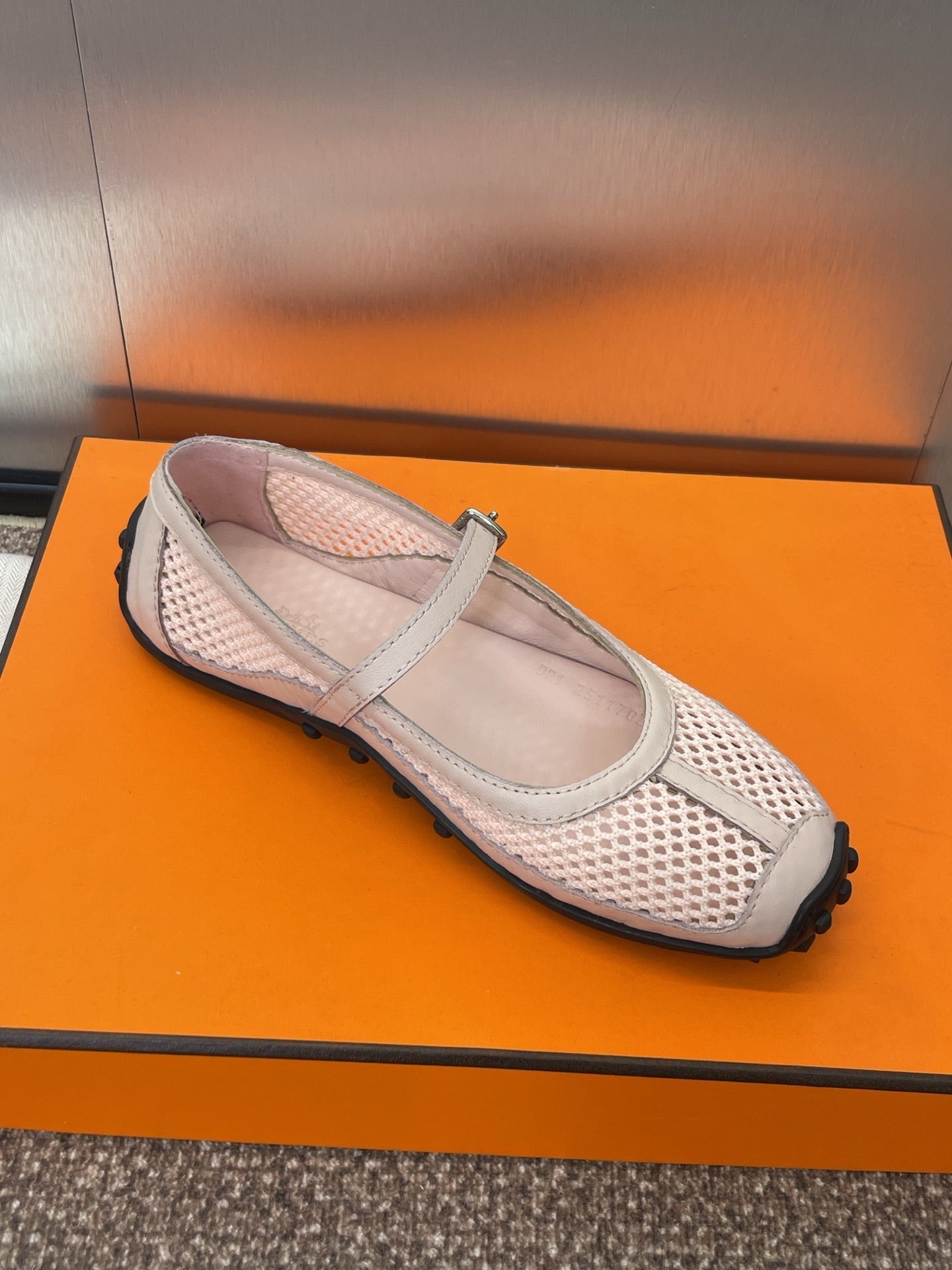 HERMES KICHU BALLET FLAT IN LIGHT PINK CROCHET KNIT AND CALFSKIN
