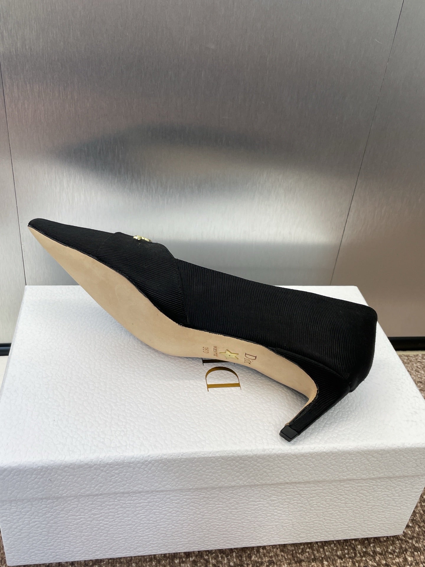 DIOR MY DD 25S HIGH HEEL 55MM IN BLACK FABRIC GOLD LOGO