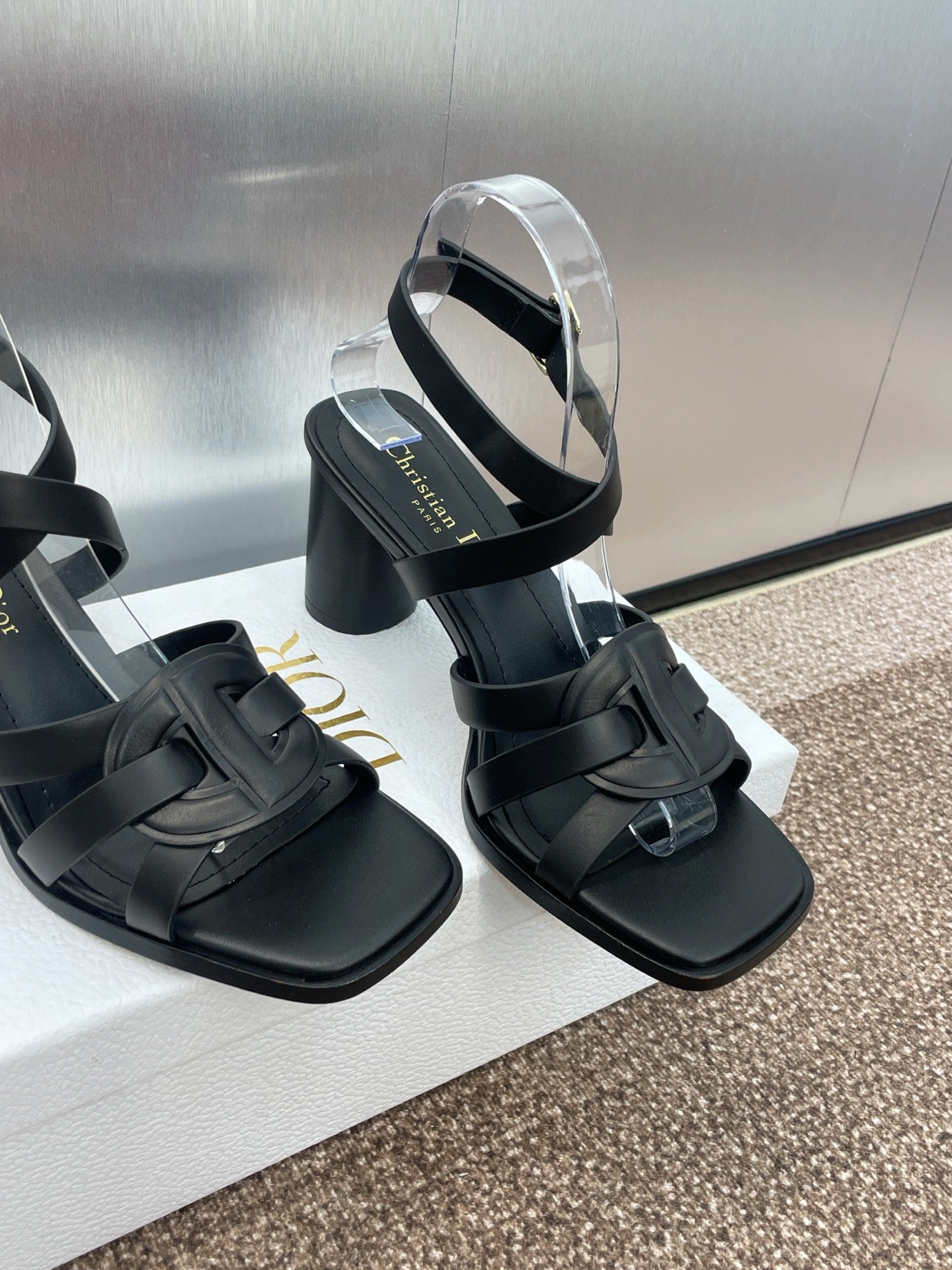 DIOR D-CLUB HIGH HEEL SLIDE 25S 80MM IN BLACK CALFSKIN