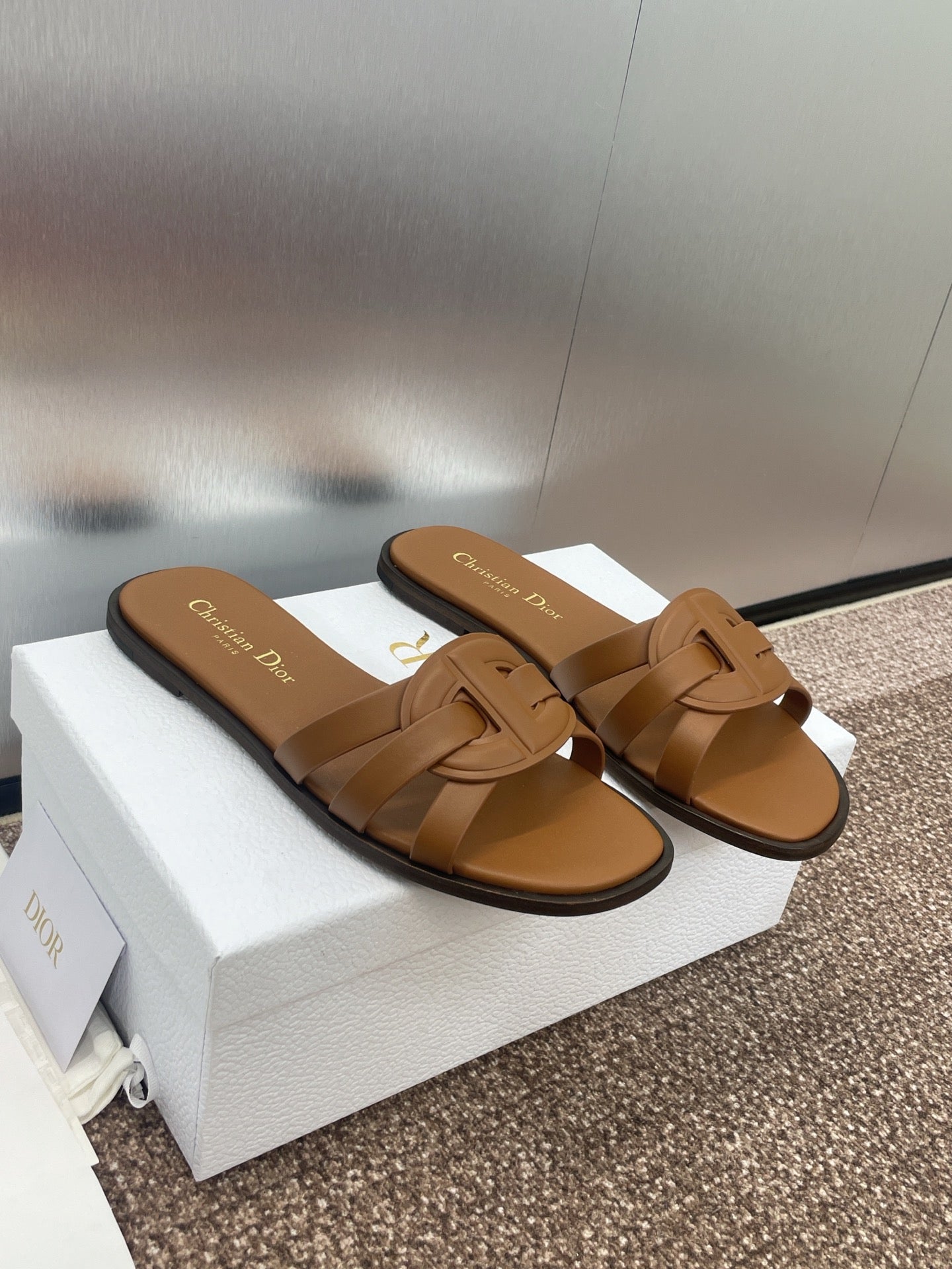 DIOR D-CLUB SLIDE SANDAL 25S IN BROWN CALFSKIN