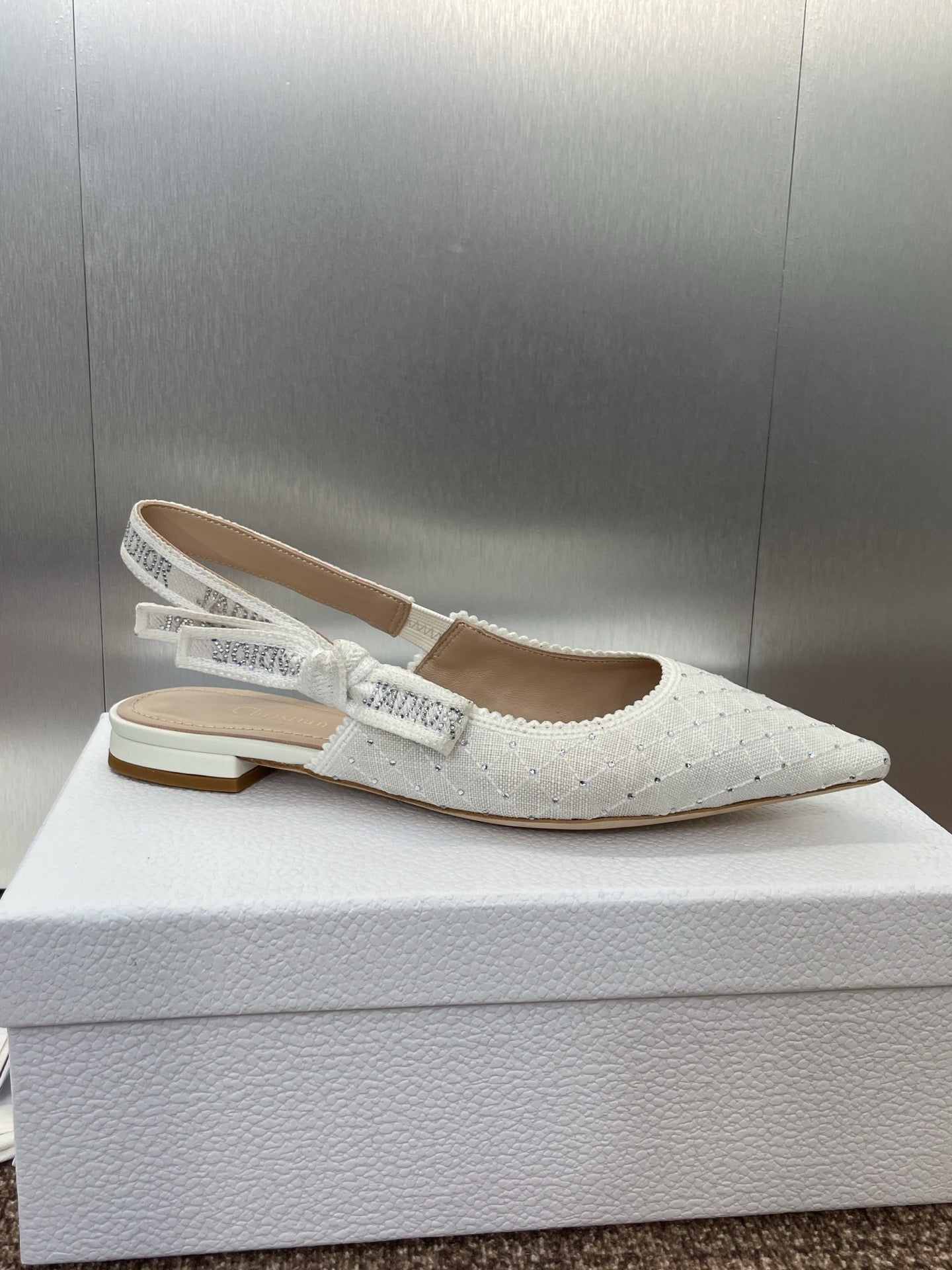 DIOR J'A SLINGBACK 25S IN WHITE FABRIC EMBOSSED CRYSTAL