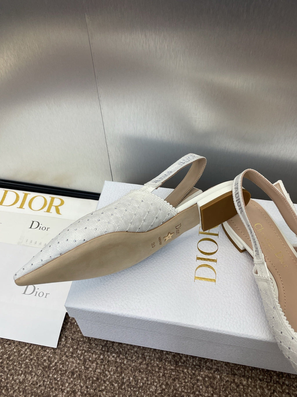 DIOR J'A SLINGBACK 25S IN WHITE FABRIC EMBOSSED CRYSTAL