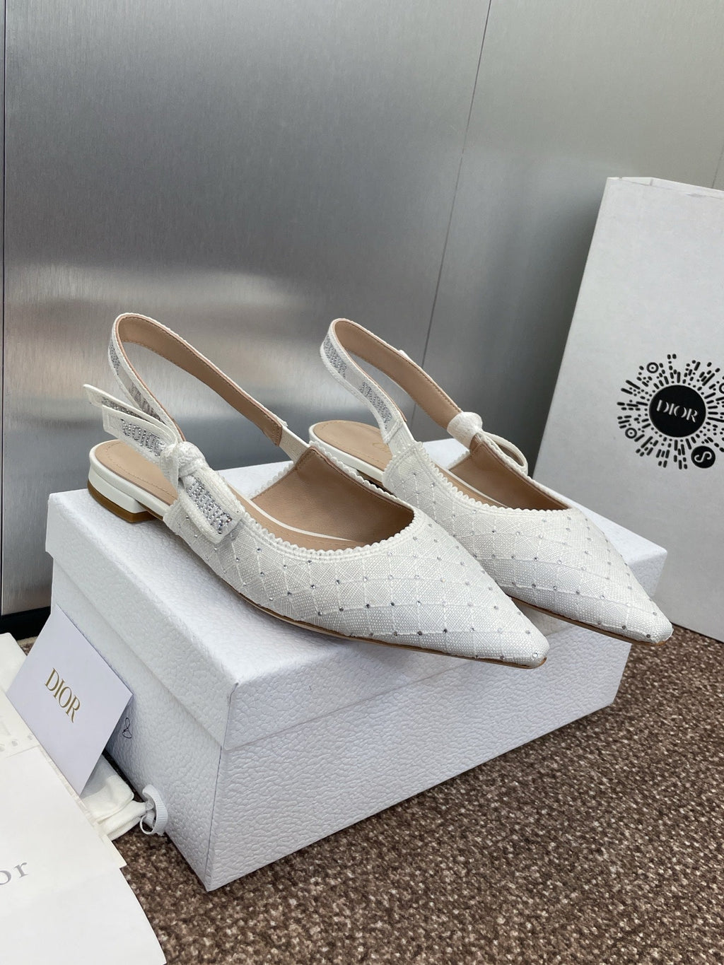 DIOR J'A SLINGBACK 25S IN WHITE FABRIC EMBOSSED CRYSTAL