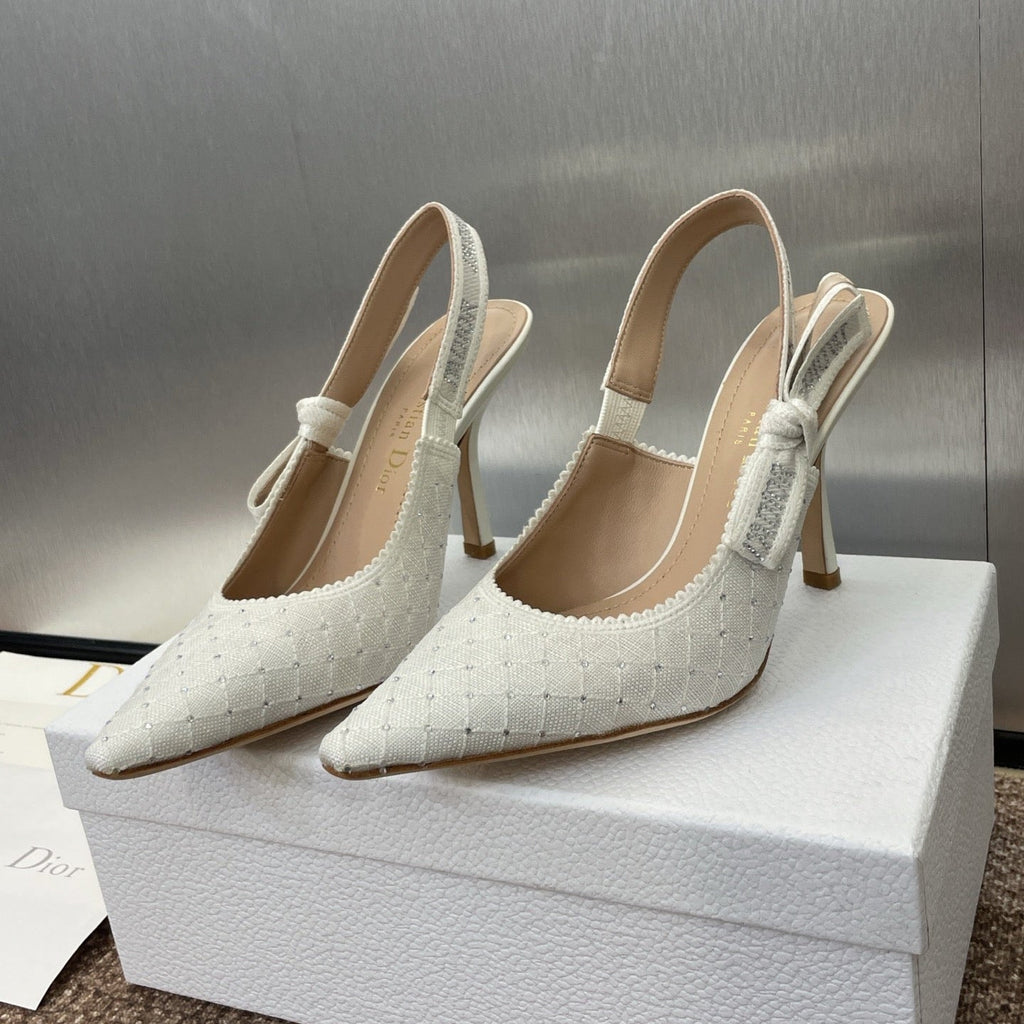 DIOR J'A SLINGBACK 25S PUMP 95MM IN WHITE FABRIC EMBOSSED CRYSTAL
