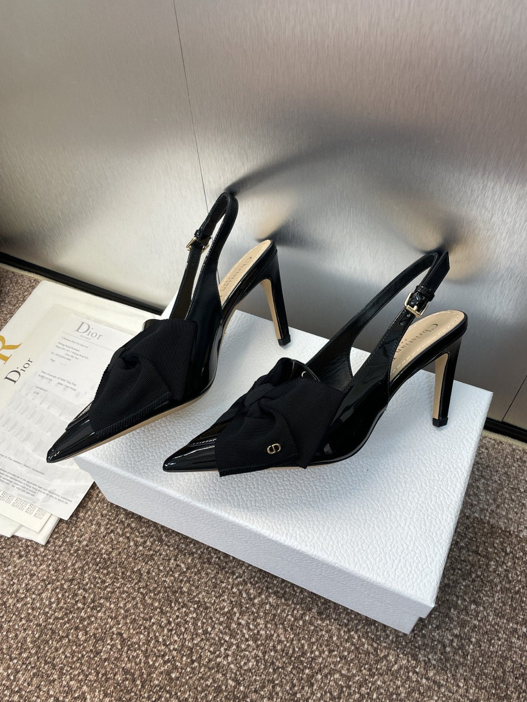 DIOR 25S SLINGBACK PUMP 80MM IN BLACK PATENT CALFSKIN AND GROSGRAIN
