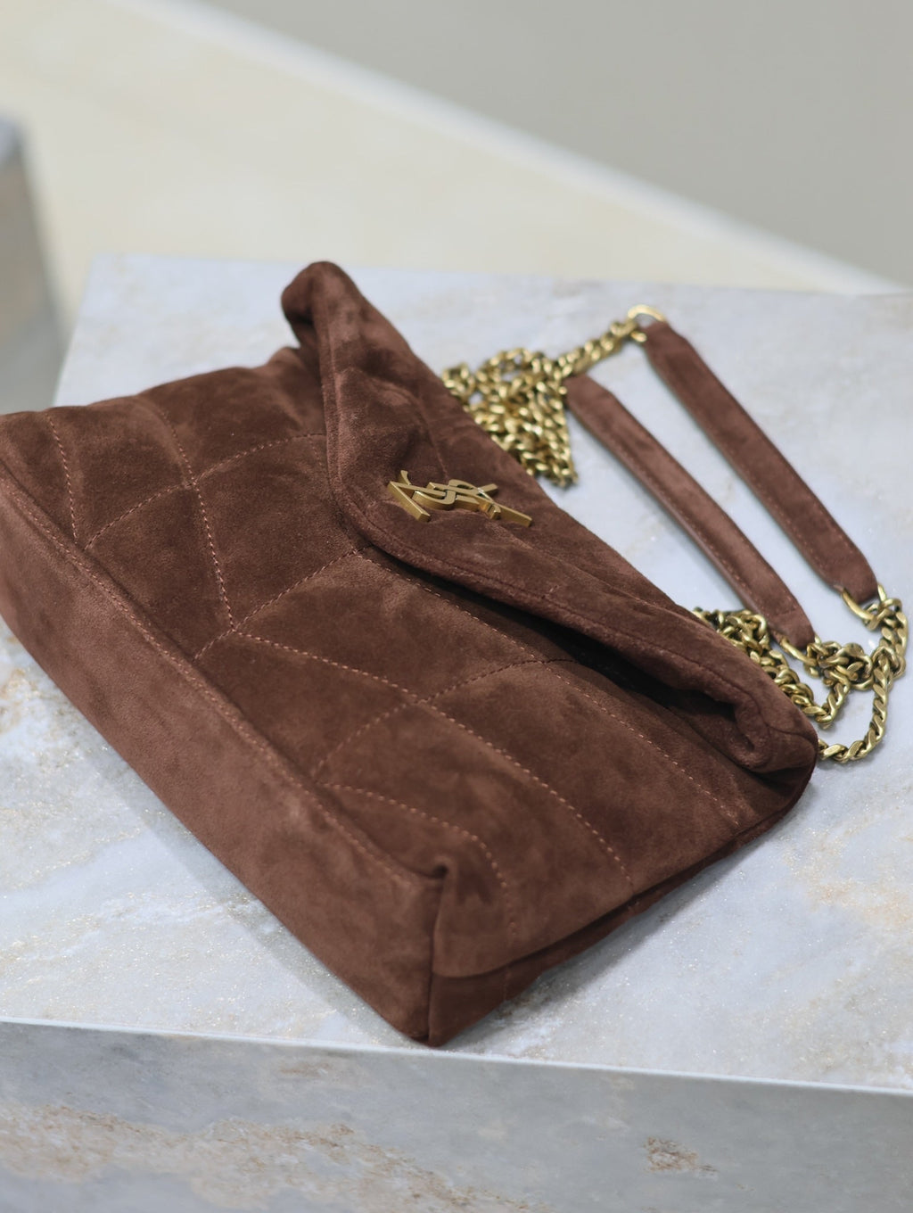 YSL 25S LOULOU PUFFER MINI 23 IN DARK BROWN SUEDE GOLD HARDWARE