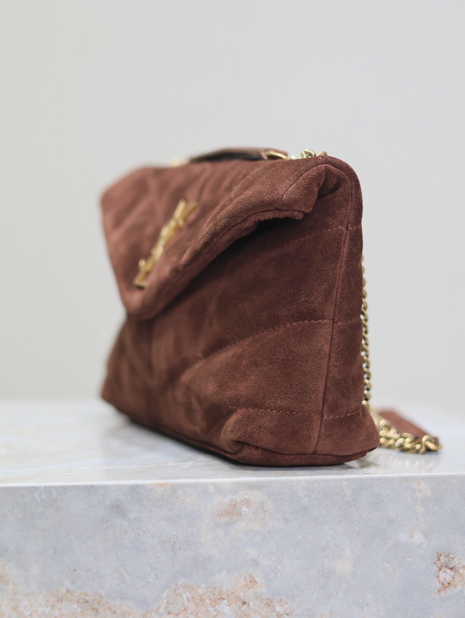 YSL 25S LOULOU PUFFER MINI 23 IN DARK BROWN SUEDE GOLD HARDWARE
