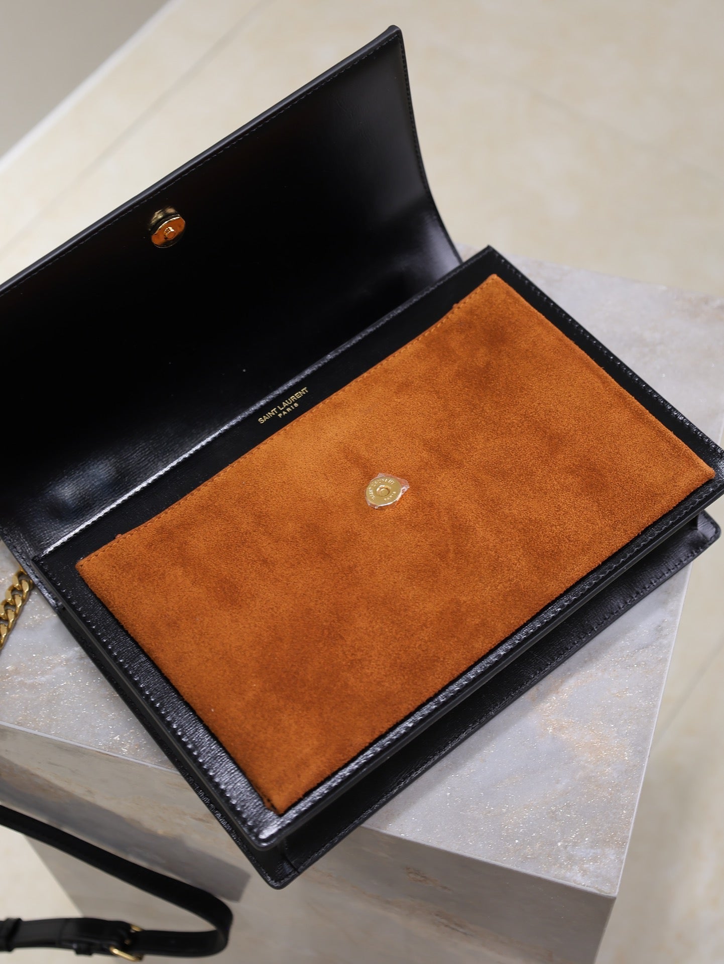 YSL 25S SUNSET MM 25 IN BLACK CALFSKIN AND CARAMEL SUEDE GOLD HARDWRE
